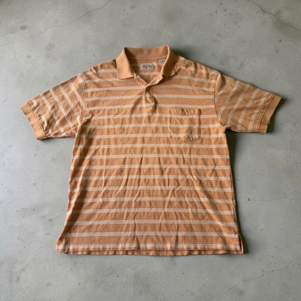St Johns Bay Mens Large Orange Striped Short Sleeve L Cotton‎ Polo Shirt Pocket